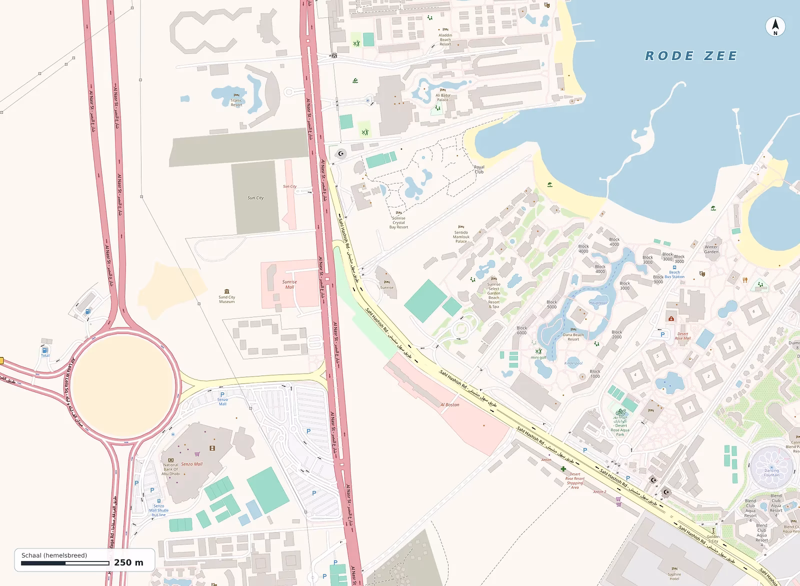 Kaart van de zuidkant van Hurghada met Sentido Mamlouk Palace Resort tussen de Sahl Hashish Road en de Rode Zee, het strand, Sunrise Garden Beach, Sunrise Crystal Bay, Sand City en Senzo Mall
