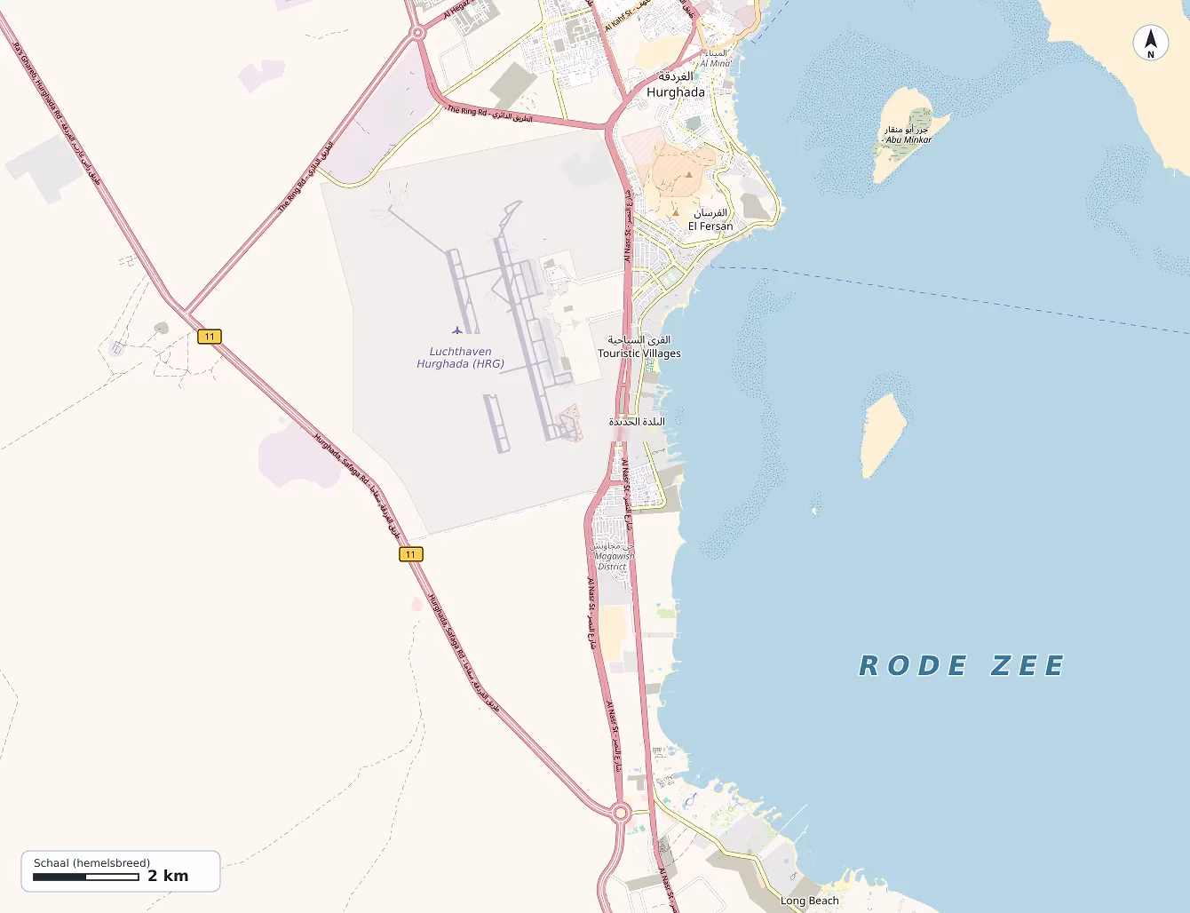 Kaart van Hurghada met de luchthaven Hurghada International Airport en Sentido Mamlouk Palace Resort aan de kust in het zuiden, met de hoofdwegen Al Nasr en de Hurghada-Safaga Road