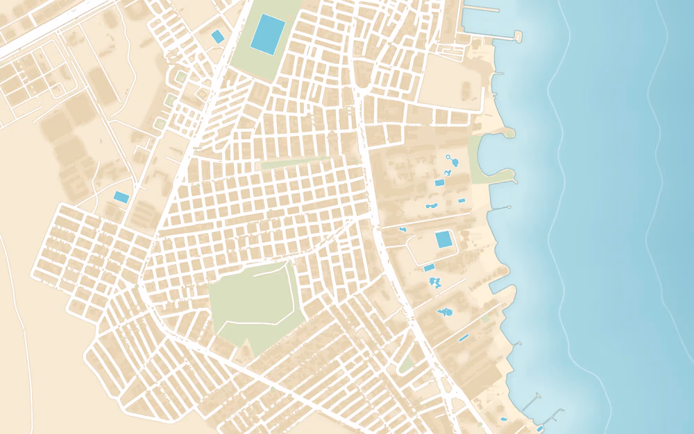 Kaartuitsnede van Sheraton Road in het centrum van Hurghada, met de straat tussen de bebouwing en de kust
