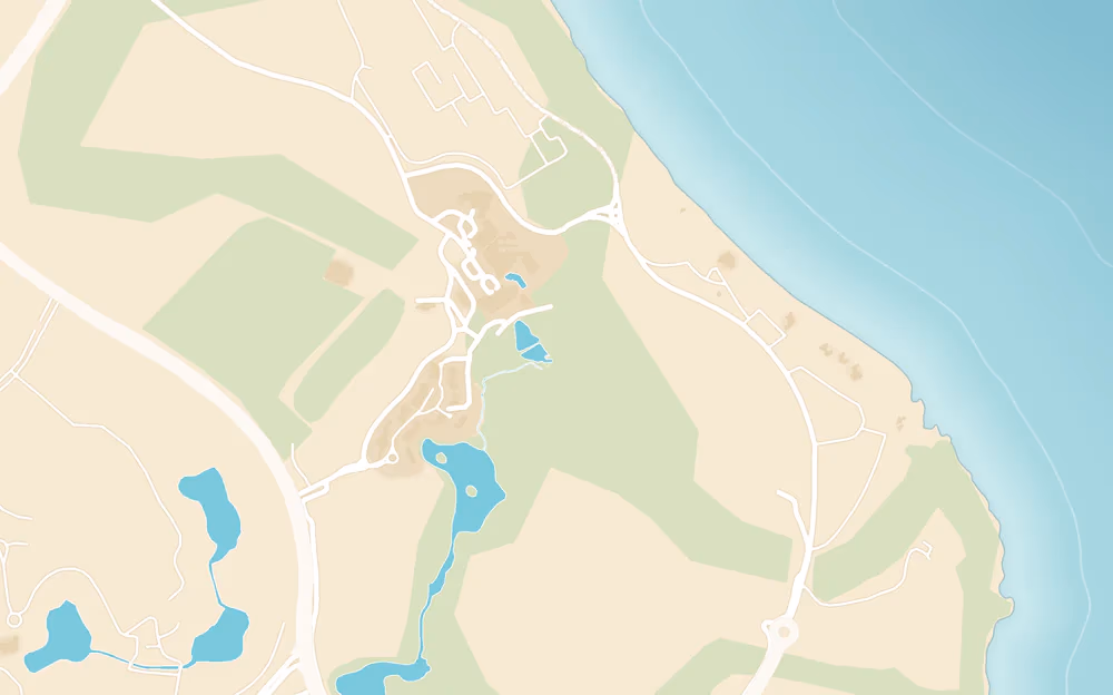 Kaartuitsnede van het schiereiland Soma Bay met het terrein van de Cascades-golfbaan