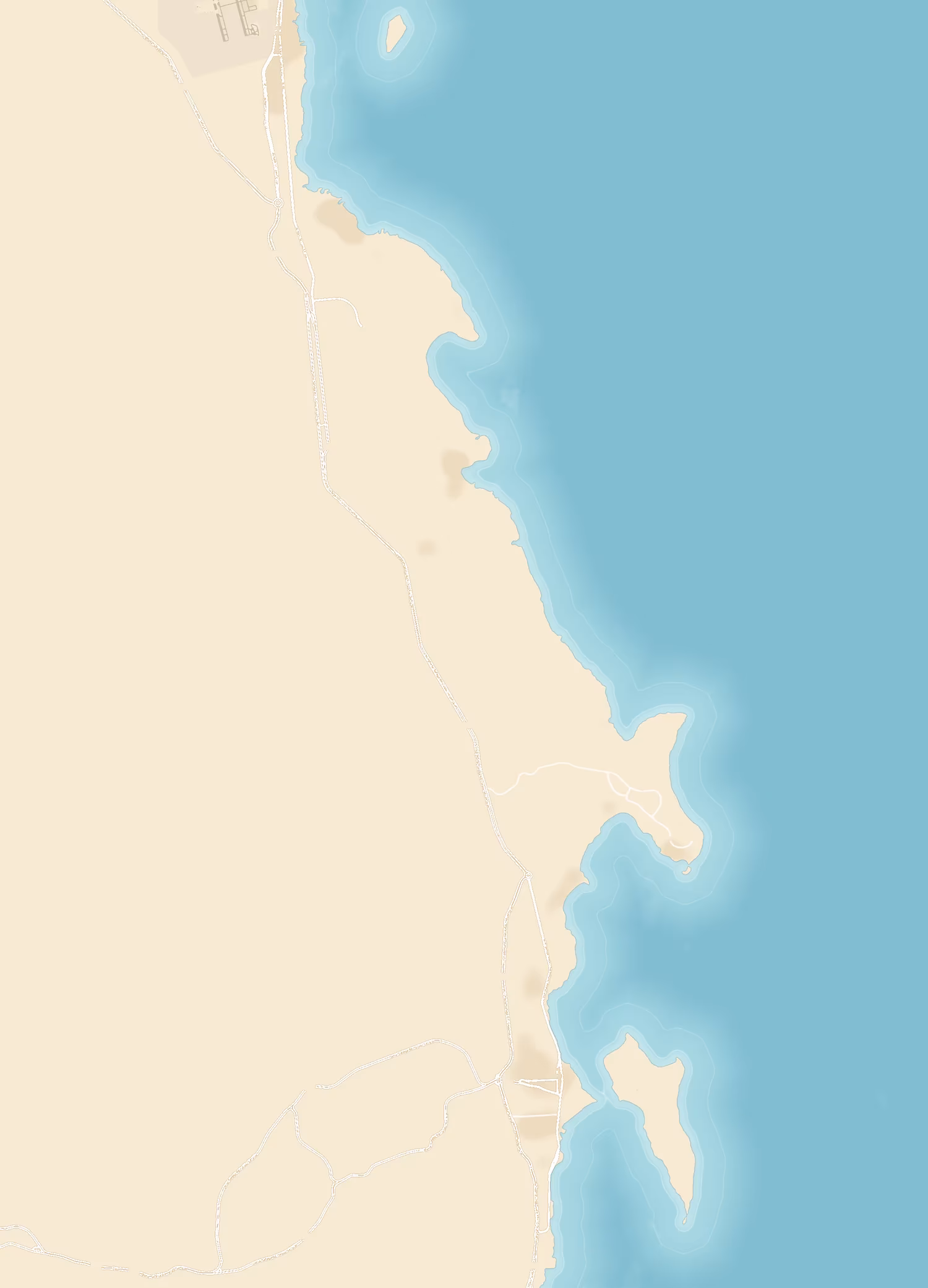 Kaart van de kust van Hurghada tot Safaga, met het resort in het noorden en Sahl Hasheesh, Makadi Bay, het schiereiland Soma Bay en Utopia Island naar het zuiden