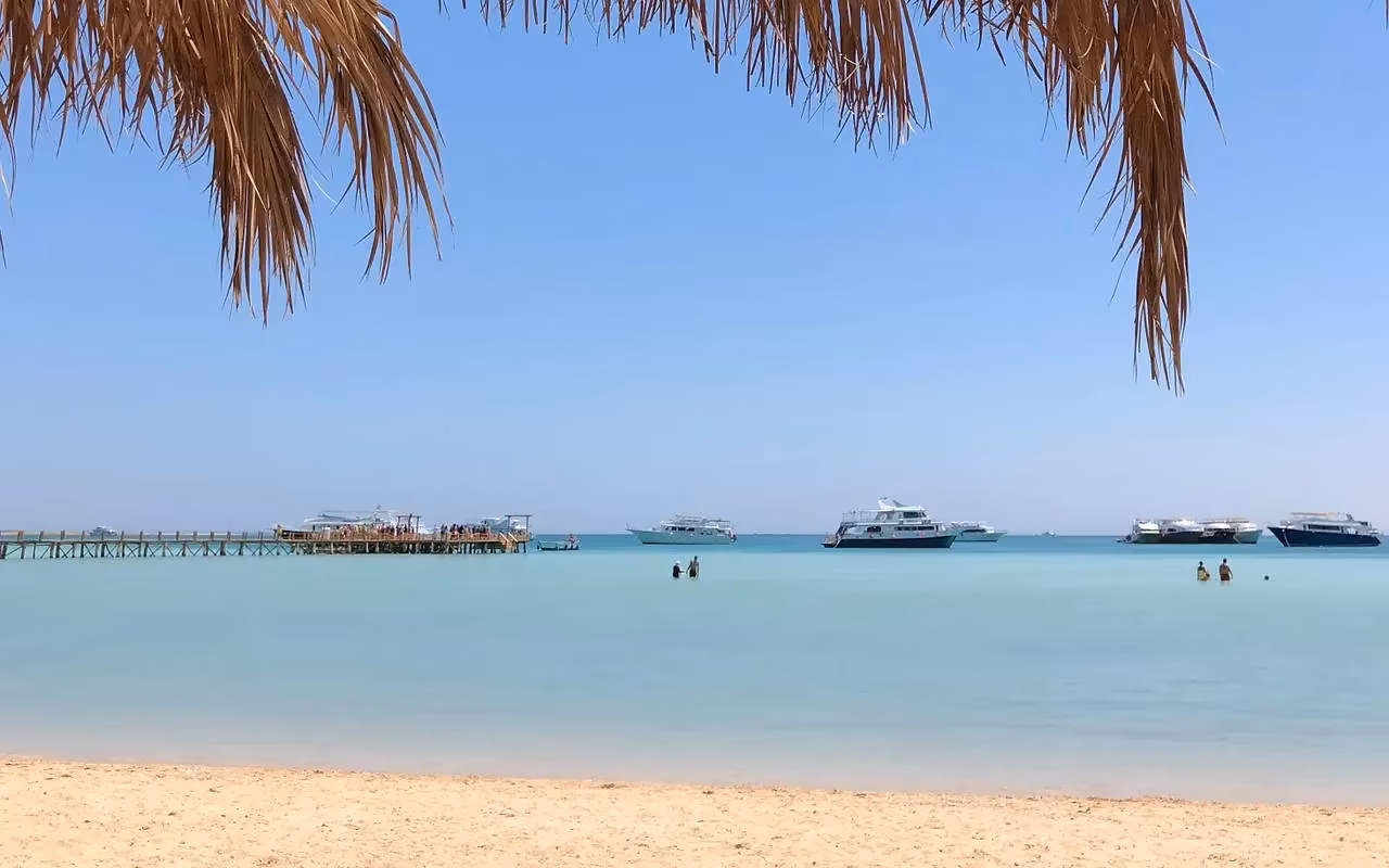 Palmbladeren boven een zandstrand met helder ondiep water en een steiger met boten in de verte